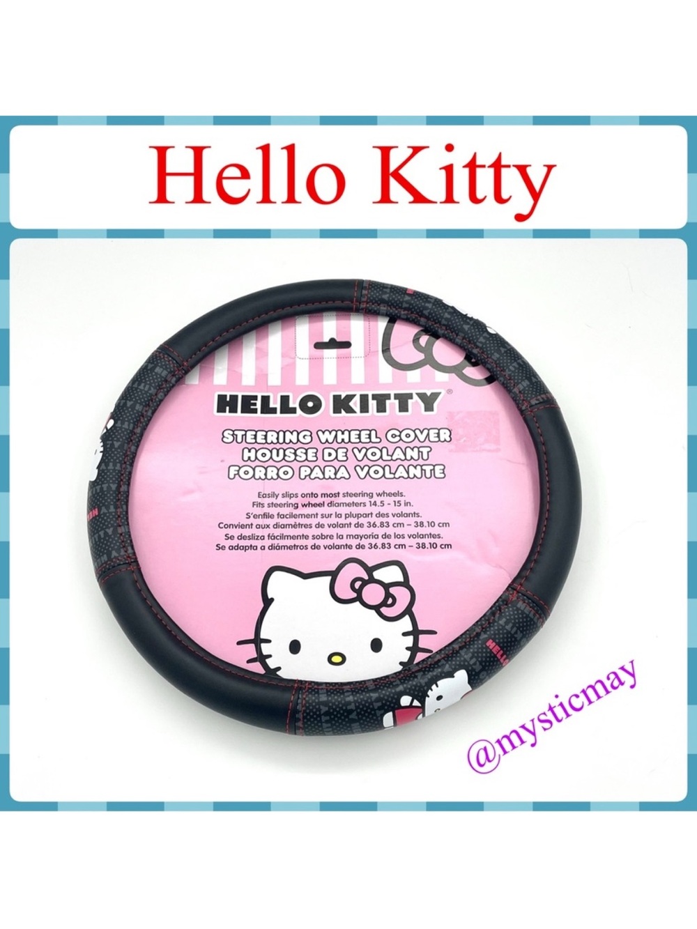 New HELLO KITTY Black Faux Leather Slip On Car Vehicle STEERING WHEEL COVER
